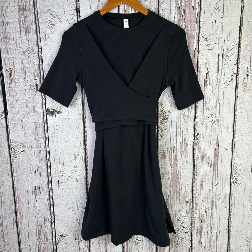 🍋Lululemon Cotton Wrap Front T-Shirt Dress Size 4 Black Soft Pima Cotton in EUC!